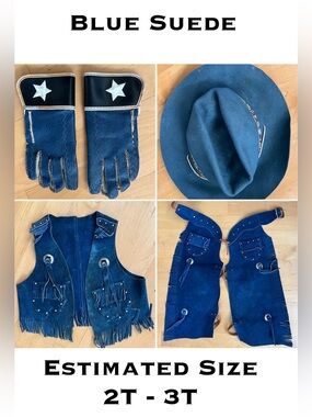 🤠2T-3T Vtg 70s Sears Blue Suede Kids Cowboy Costume Set Vest Chaps Ranchtone Hat